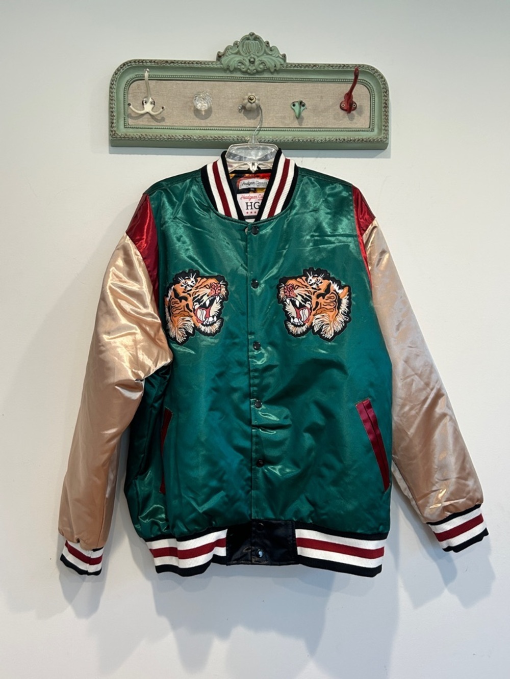 HG Wu Tang Green Satin Tiger Embroidered Bomber Jacket men’s 3XL